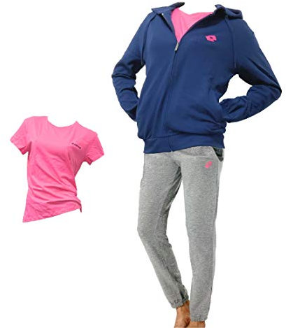 Lotto Donna Tuta Estiva Completa Cotone 4 Stagioni + T-Shirt Omaggio - Felpa Blu, Pantalone Grigio, T-Shirt Fuxia, M