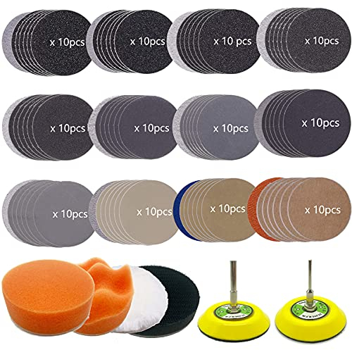 128pcs 3 Inch Sandpaper 60-10000 Grit Wet and Dry Sanding Paper with Soft Foam Buffering Pad and 1/8&1/4 Shank Backing Pad Waxing Foam Polish Pads for Car Wood Metal Mirror Jewelry