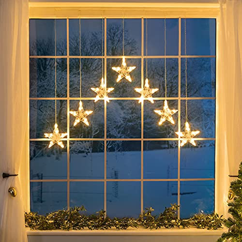 Christow Christmas Curtain Lights for Windows, 7 Star String Light Decoration, 70 Warm White LEDs, Indoor Outdoor Home Garden Xmas Lighting, Battery Operated with Timer Function (W84cm x H90cm)