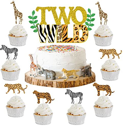Sursurprise Zwei wilde Kuchen Topper Dschungeltiere Cupcake Toppers, Safari Tier Zweiter Geburtstag Dekorationen Zoo Themen 2 Geburtstag Party Kuchen liefert
