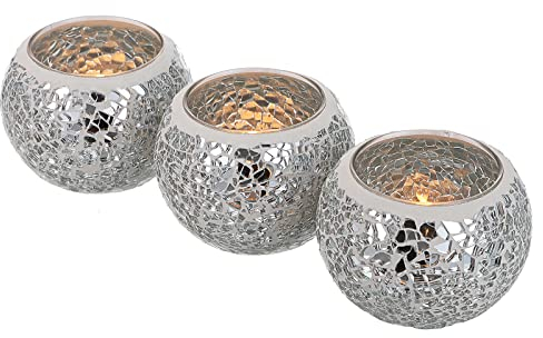 SUMTree Kerzenhalter aus Glas, Mosaik, Teelichthalter, Votivkerzenhalter, Tischdekoration, Hochzeit, Innendekoration, silberfarben, 3 Stück