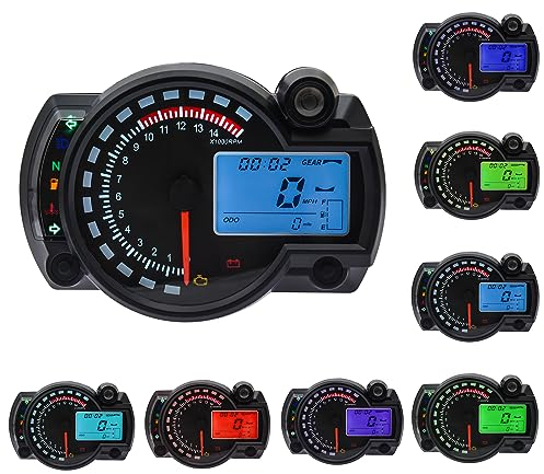 Geloo Universal LCD Digital Motocicleta RX2N Odómetro Velocímetro Medidor Instrumento Ajustable, 15000RPM Cuentakilómetros Tacómetro con Sensor de Velocidad 0-299 KM/H 7 colores Retroiluminación