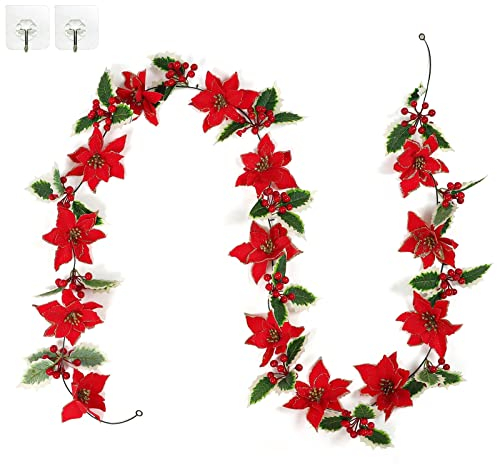 SOMYTING 250cm Weihnachten Rote Blumen Girlande Künstliche Beerengirlande mit Grünen Blättern Weihnachtsgirlande mit Roten Beeren Girlande für Kamin Weihnachtsbaum Weihnachtsdeko