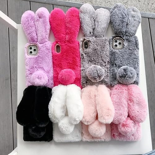 QYiiD Bunny Fur Case for iPhone XR, Lovely Warm Handmade Bunny Furry Luxury Bling Smooth Furry Fluffy Cover mit Sparkly Diamond, Niedlich Pelzig Hase Ohren Mädchen Winter, Weiß (iPhone XR)