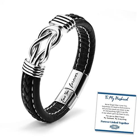 SUNSH Herren Gewebtes Leder Armband - Infinity Knot Edelstahl für Freund Ehemann - Graviert Love You Forever - 8/8,5/9in