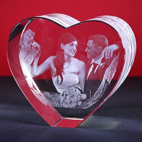 Cuore di Cristallo Personalizzato con Foto - Incisione 3D a Laser - Idea Regalo Personalizzabile con Fotografia e Scritta, per Coppia, Anniversario Matrimonio, San Valentino - CuoreV 7x8x3,5 cm