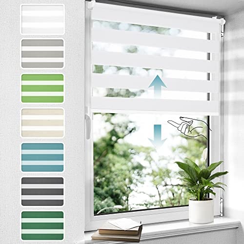 Doppelrollo schnurlos Klemmfix ohne Bohren Duo Rollos für Fenster & Tür, 50x120cm (BxH) Weiß, Drücken Und Ziehen Springrollos Klemmrollo ohne Schnur lichtdurchlässig & Blickdicht