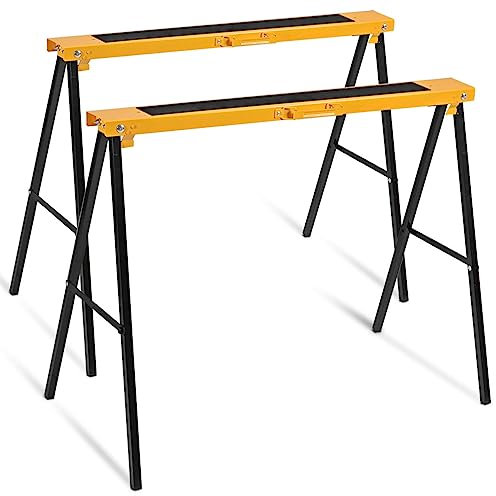 TANGZON Folding Saw Horse Twin Pack, 275KG Heavy Duty Workbench Metal Trestle Stands with Non-Slip Top & Handle, Portable Sawhorses Pair for Household Workshop Repair Shop