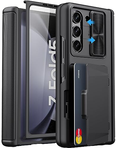 SIXBOX for Samsung Z Fold 5 Case with Card Holder, Screen Protector, Black | Slide Camera Cover, Full Hinge Protection, Military Grade Shockproof, Durable Wallet Phone Case for Galaxy Z Fold 5 5G 2023