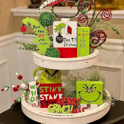 sanjianke-fs 6Pcs Grinch Tiered Tray Decor Set Farmhouse Grinch Wood Sign Decor Green Christmas Tree Grinch Wood Signs Tiered Tray Decoration,Funny Christmas Indoor Ornaments