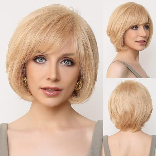 EMMOR Handgebundene Lace-Front-Perücke, 100% Echthaarperücke für Frauen, natürlich gestuft, gewellter unterschiedlicher Stil für weiße Frauen (Ombre Hellblond#)
