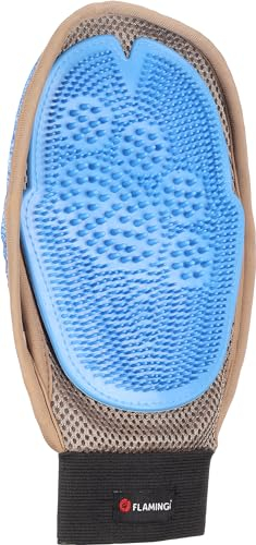 FLAMINGO Gant de Massage et brossage Weva Taupe/Bleu pour Chien et Chat - 27x16x2cm - Caoutchouc thermoplastique Doux et Mesh Respirant