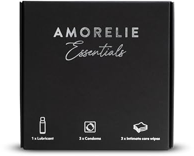 AMORELIE Essentials Set 3-teilig - Kondome, Gleitgel & Intimpflegetücher | Geschenkset für Paare | Hotel Set für Unterwegs