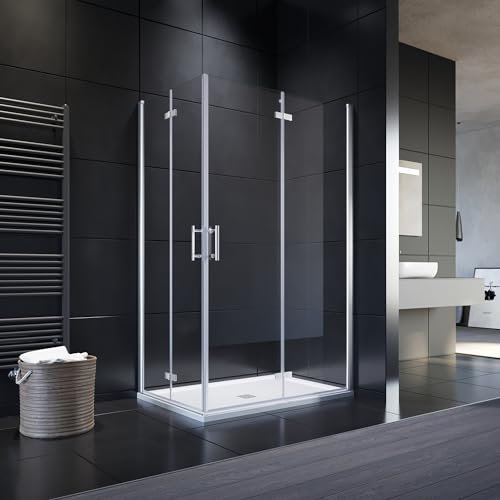 SONNI 90x120x195cm Falttür Duschwand-inklusive Dicken 4cm Quadratische Duschtasse und Ablaufgarnitur-6mm Sicherheitsglas 180º Faltdusche Drehfalttür