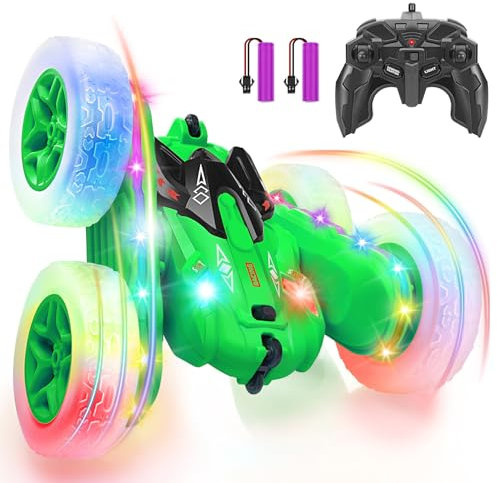 SGILE Remote Control Stunt Car With Sides Light Strip and Headlights, 2.4Ghz Double Sided 360 Flips Rotating RC Toy for Boys Girls Birthday Gift, Green