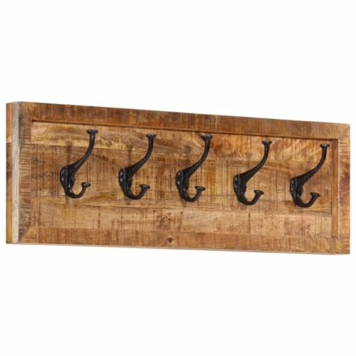 vidaXL Wandgarderobe, Garderobe mit 5 Haken aus Eisen, Kleiderablage mit Schraublöcher auf der Rückseite, Flurgarderobe Wohnzimmer Flur, Massivholz Mango