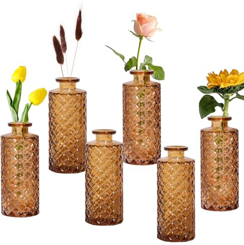 Lot de 6 mini vases à bourgeons en verre - En vrac - Mini vases à fleurs - Bouteilles vintage pour décorations de table, décoration de mariage, réception, maison - Ambre