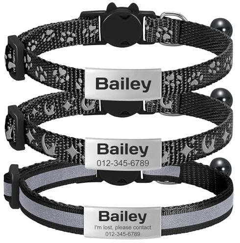 kodinsiivous 3 Pack Katzenhalsband mit Namensschild und Glocke, Personalisierte Reflektierendes Katze Halsband mit Sicherem Schnellverschluss,Haustierhalsband für Mädchen & Jungen(Schwarz)