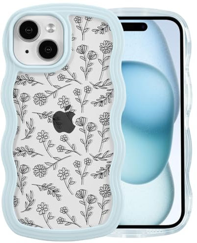 QLTYPRI for iPhone 15 Case, Cute Curly Wave Frame Clear Case for Girls Women, Flower Clear TPU Bumper Slim Soft Silicone Shockproof Protective Phone Cover for iPhone 15 - Black Floral/Light Blue
