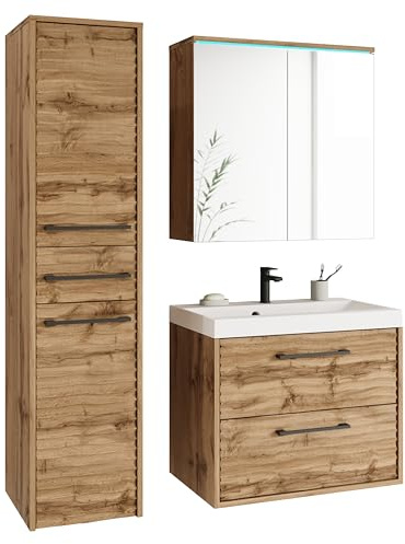 MINIO go for it - Badmöbel Set 3-Teilig Yuko 1, MDF Wellemuster - LED | Unterschrank mit Waschbecken, Spiegelschrank, Große Hängeschrank, Laminierte Spannplatte, Farbe: Wotan Eiche / Wotan Eiche