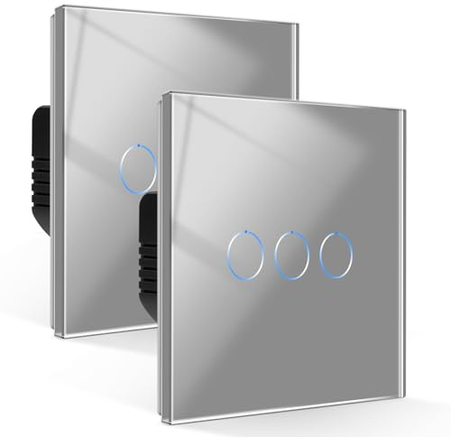 CNBINGO Touch Light Switch 3 Gang 2 Way, Tempered Glass Panel Light Switches with LED Indicator, No Neutral Wire, 2 Pack, White