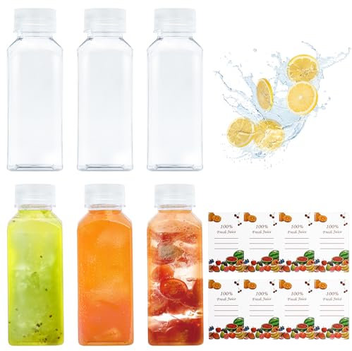 Plastic Juice Bottles With Lids - 6 Pcs Empty Square 350ml Reusable Containers, Leak-proof and Heat-Resistant for Smoothies, Beverages, Milk - Includes Labels