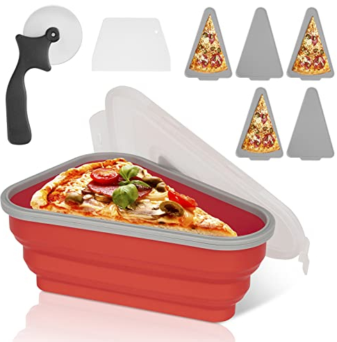 Pietuley Reusable Silicone Pizza Storage Container Collapsible with Pizza Cutter Wheel Dough Scraper and 5 Microwavable Trays, Leftover Pizza Box with Lids, Salad Container Organizer