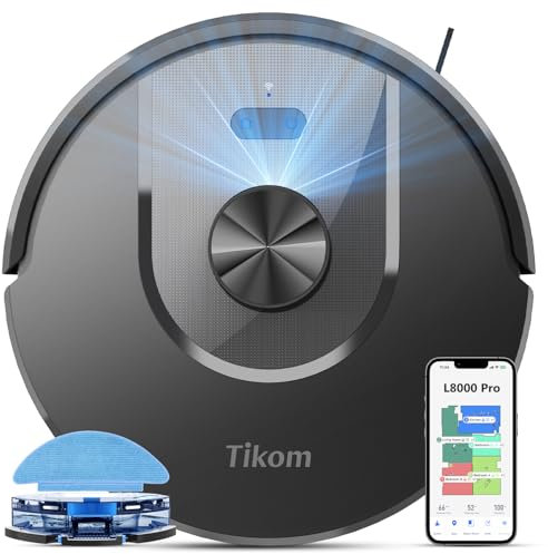 Tikom 5000Pa Staubsauger Roboter mit LiDAR Navigation, L8000 Pro Saugroboter mit Wischfunktion, 150Mins Max, Selbstaufladend, WLAN, 14 No-Go-Zonen, für Tierhaare, Teppich, Hartboden