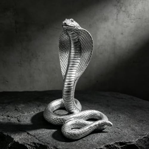 King Cobra Schlangenstatue, Skulptur, Tierfigur, Sammlerstück, Geschenke für Schlangenliebhaber, Büro, Heimdekoration, Schreibtischzubehör, Dekoration, Garten, Hof, Figuren, Outdoor-Dekor (Silber)