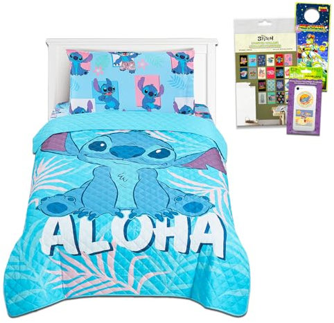 Stitch Bettwäsche-Set für Kleinkinder – Lilo und Stitch Doppel-Bettwäsche-Set mit Steppdecke, Bettlaken, Spannbetttuch und Kissenbezug für Doppelbett plus Poster, Stich-Schlafzimmer-Dekor
