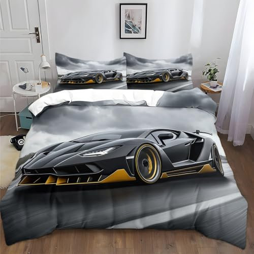 XCQHZYQ Bettwäsche 135x200 cm Sportwagen Grau Bettbezug Set für Kinder Jungen Mädchen, Weich Atmungsaktiv Baumwolle Polyester Rennen Auto Extreme Sport Betten Set mit Reißverschluss