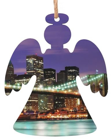 New York Night bedruckte Holz-Engel-Form, Weihnachtsdekoration, 4 Stück, Weihnachtsbaumschmuck, Feiertags-Hängedekoration