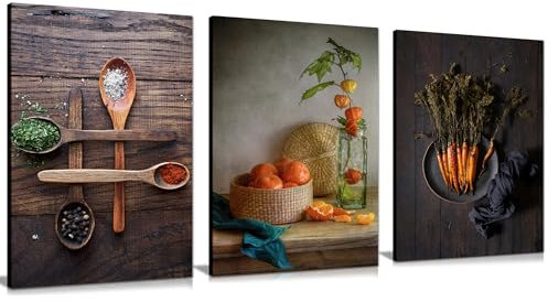 3er-Set Gewürze und Gemüse, rustikale Kunstdrucke auf Leinwand, künstlerische gerahmte Illustrationen, stilvolle Lebensmittelkunst-Bilder für Zuhause, Büro, Schlafzimmer, Wohn- und