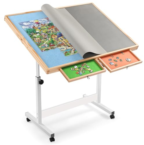 Shyneer Jigsaw Puzzletisch,Puzzlebrett 1500Teile,Puzzlebrett mit Bunten Schubladen & Abdeckmatte - Brettspiel Puzzletisch mit Filzarbeitsfläche für Erwachsene (Blau, Mit schubladen)