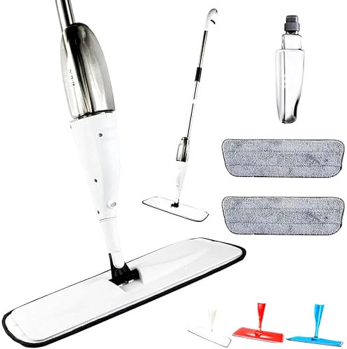 Sprühwischer – Bodenwischer mit Sprühfunktion & Nachfüllbarem Wassertank – 360° Drehbarer Wischmopp für Laminat, Fliesen & Parkett – Mit 2 Waschbaren Mikrofaserpads (weiß)