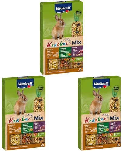 Vitakraft Kräcker Mix, Knabberstangen für Zwergkaninchen, mit Popcorn und Honig, mit Gemüse und Rote Beete, mit Traube und Nuss, ohne Zusatz von Zucker und Getreide (1x 160g) (Packung mit 3)