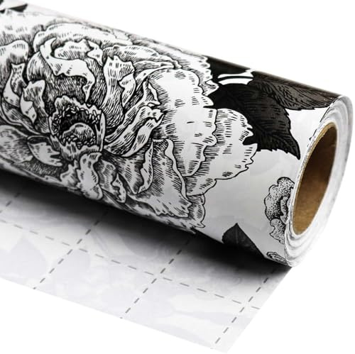 YXTII Schwarz-weißes Geschenkpapier mit Schnittlinien, Blumen-Geschenkpapier für Geburtstag, Hochzeit, Babyparty, Valentinstag, Weihnachten, Brautparty, 43,2 cm x 2,8 m, Mini-Rolle