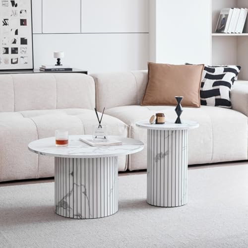 JZGORC 2er-Set Moderner Runder Couchtisch, Römische Säulenbasis, Runder Sofa-Beistelltisch im Landhausstil, Geeignet für Wohnzimmer, Büro – Marmorfurnier-Finish