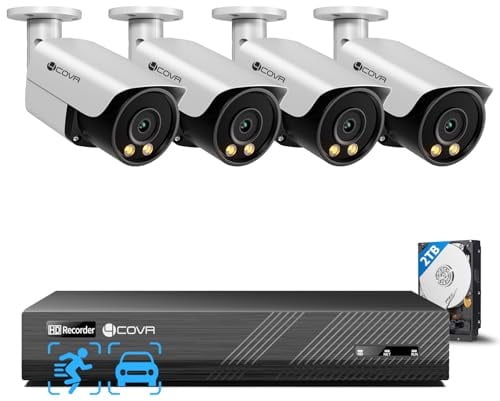 4COVR 4K PoE Überwachungskamera Set Aussen, 8CH NVR mit 2TB, DLY37YX8M0804 | 4×8MP PoE IP Sicherheits kameras IP67, 2-Wege-Audio & Farbnachtsicht, Personen-/Fahrzeugerkennung, 24/7 Videoüberwachung