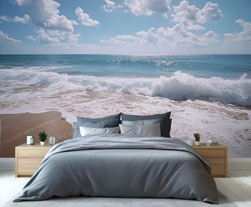YXQAIED Blue Ocean Wallpaper, Beach Coastline Wallpaper for Living Room White Clouds Bedroom Wallpapers, Sky 3D Photo Murals for Kitchen Decor, 350x256cm (Not Peel and Stick)
