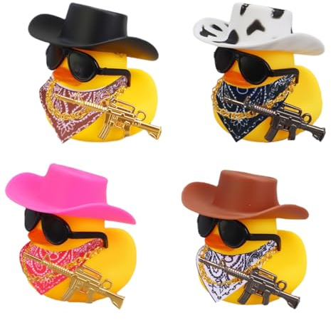VEOIRXU 4 Pezzi Anatre di Gomma Decorazione Cruscotto Auto Divertente Anatra Decorazione Interni Auto con Cappello da Cowboy Collana d'oro e Occhiali da Sole Accessori Auto Fantastici per Ufficio Casa