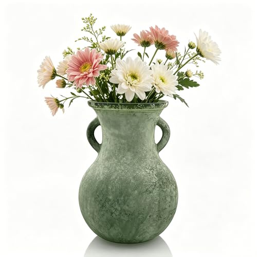MerwDeeyt 20cm Green Glass Vintage Vase with Handle | Frosted Flower Vase, Marble Texture Vases, Modern Farmhouse Decor, for Rustic Art Home Decor, Table, Holiday Decorations