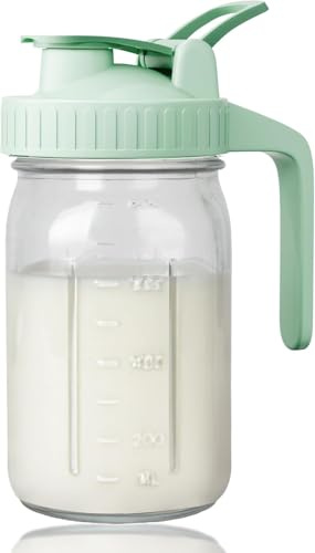 Jarra de leche materna de 950 ml, 1 tarro de vidrio con tapa con tapa y boquilla, 100% hermético e impermeable para té helado, jugo, café frío, leche materna, verde