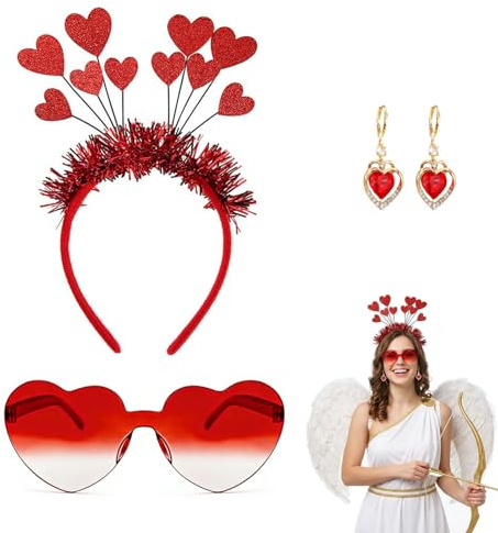 Gleemix Herz Haarreif Rot Set, Amor Kostüm Damen Accessoires, Farbverlauf Herzbrille Rot, Glitzer Herz Ohrgehänge, Fasching Haarreif Herzen, Amor Herzhaarreif für Valentinstag, Hochzeit