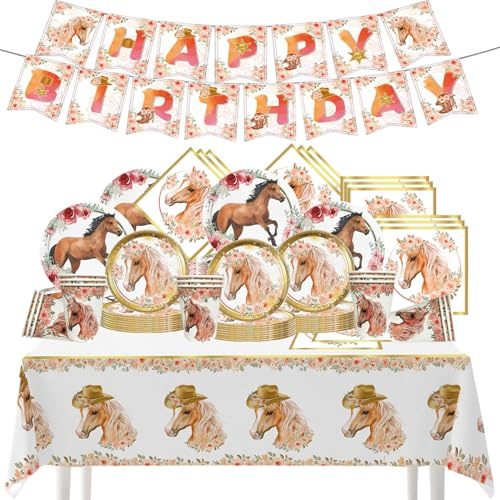 82 Pièces Cheval kit Anniversaire, Vaisselle Anniversaire, Cheval Décoration Gâteau, Décoration Anniversaire, Assiette Anniversaire