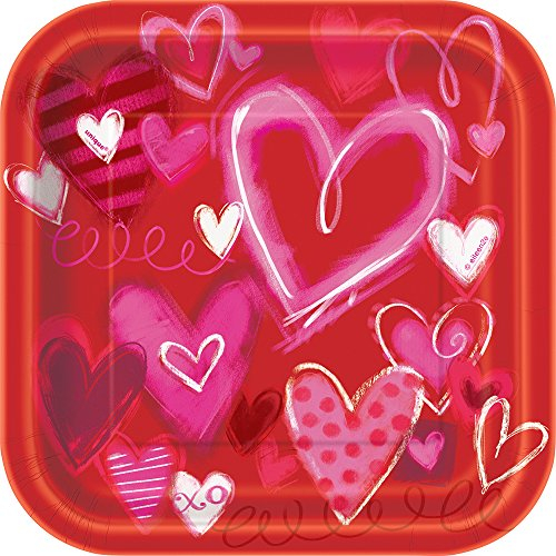 Unique Party 51524 18 cm cuadrado pintado corazones San Valentín Party placas, paquete de 10
