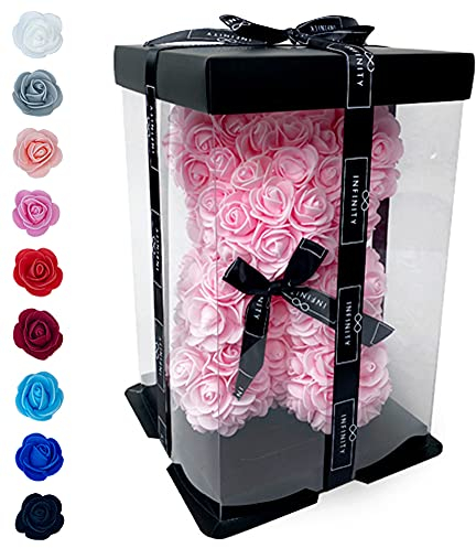 Infinity® Rosenbär Rosa 25 cm – Handgefertigter Bär mit Geschenkbox & über 300 duftenden 3D-Rosen – Geschenk für Frauen, Geburtstag oder Jahrestag