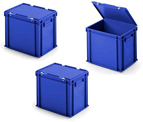 3x Eurobehälter mit Scharnierdeckel, LxBxH 400x300x330 mm, blau