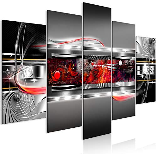 Cuadros B&D XXL - Cuadro en Lienzo Abstracto 200x100 cm 5 piezas - Impresión en material tejido no tejido cuadros decoracion salon modernos lienzos - 3D Efecto Textura Plata Rojo Negro a-A-0692-b-n