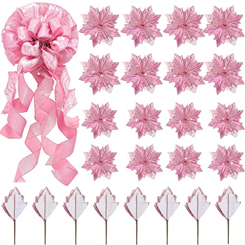 Große Topper Schleife 12 x 33 Zoll Dekorative Hängende Weihnachten Schleife Weihnachtsbaum Ornamente Künstliche Weihnachten Blumen mit Band für Weihnachtsbaum (Rosa)